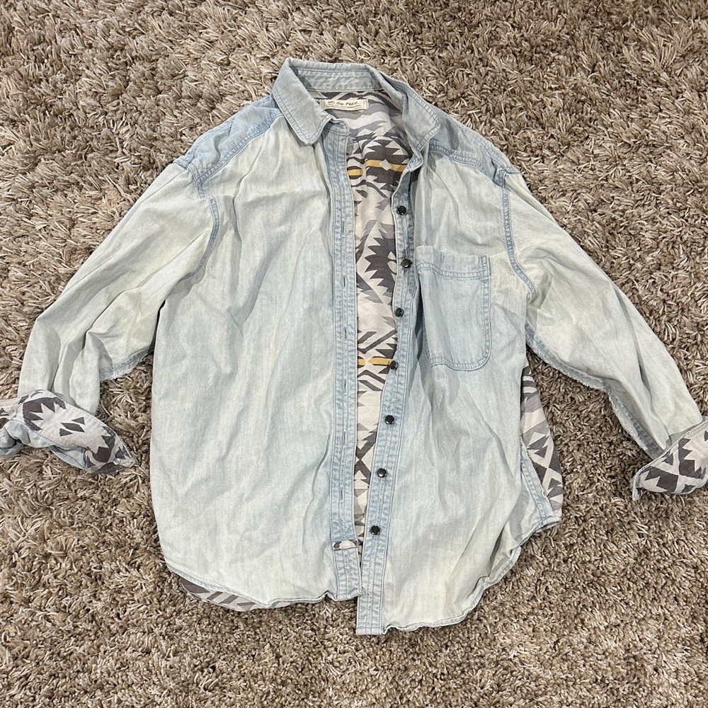 We the free Stylish Light Blue Denim Shirt with Patterned Accents